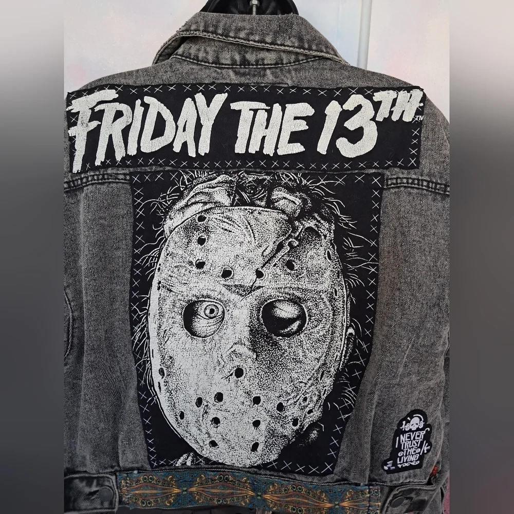 Custom RAGE Horror Cropped Grey Denim Jacket! OOAK Unique Fandom Wear! Friday 13 - Picture 16 of 16